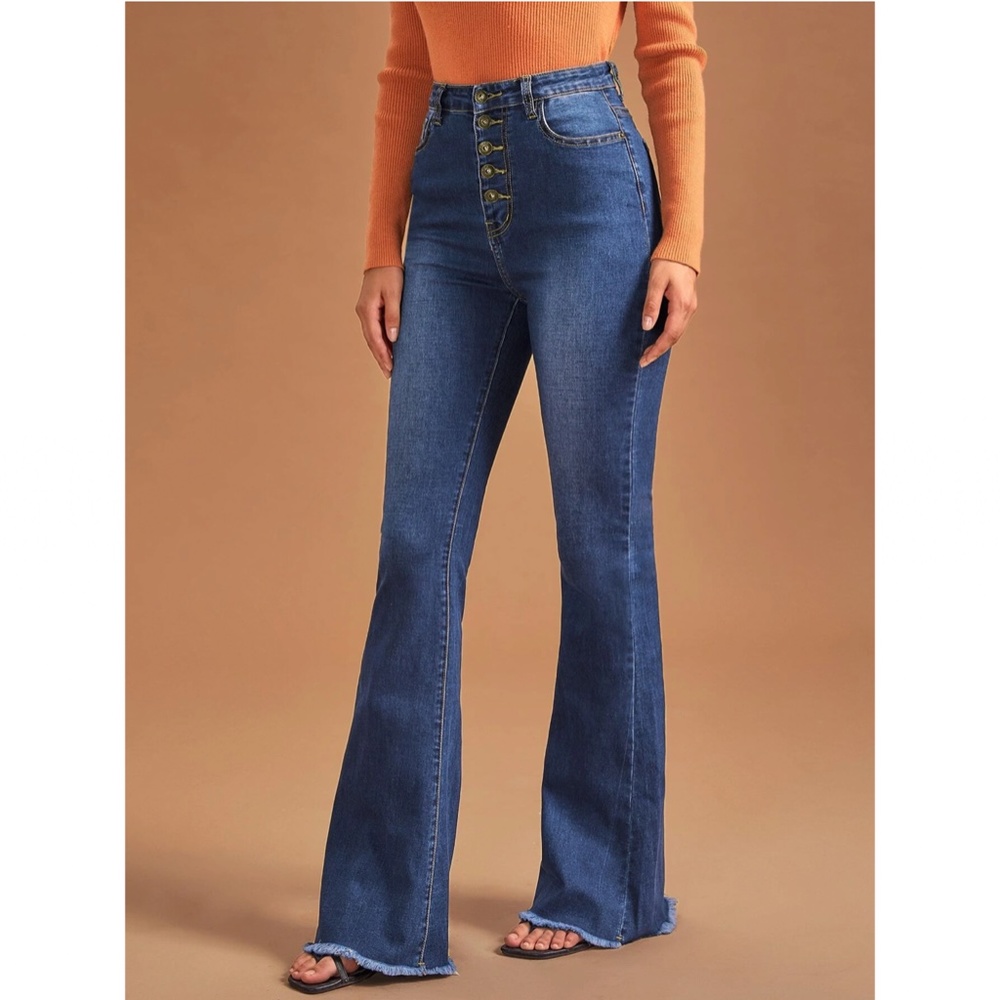 Blue Flared Jeans Denim High Waist Button Fly Bell Bottom - Picture 4 of 6